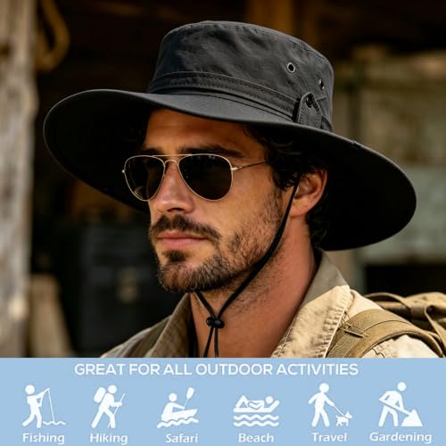 Sun Fishing Hat for Men UPF 50+ Wide Brim Boonie Hats for Summer - color: Black