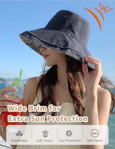 Double Side Womens Floral Wide Brim Sun Hat, UPF50+ UV Protection Reversible Bucket Hat Foldable Adjustable Brim - color: Black
