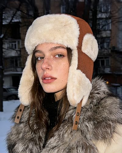 Croogo Cold Weather Eskimo Hats Trapper Hat Winter Thick Furry Ushanka Russian Hat Windproof Ski Trooper Hat with Ear Flap - color: Pl18-caramel