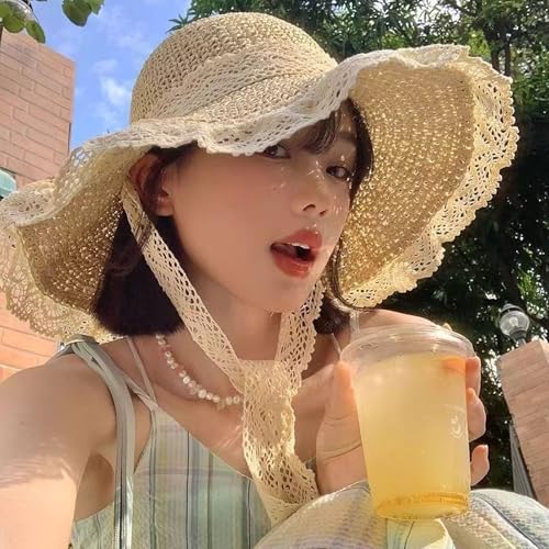Women's Wide Brim Straw Sun Hat Beach Travel Bucket Hat Packable - color: Khaki