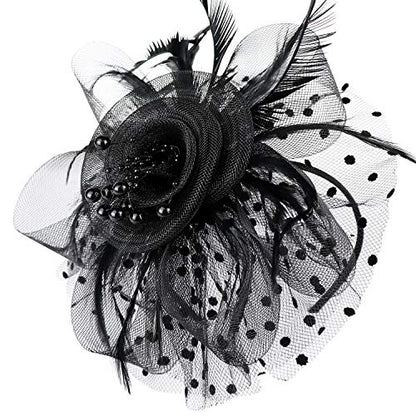 DRESHOW Fascinators Hat Flower Mesh Ribbons Feathers on a Headband and a Clip Tea Party Headwear for Girls and Women - color: 7" Black + Necklace+ Earrings+ Bracelet
