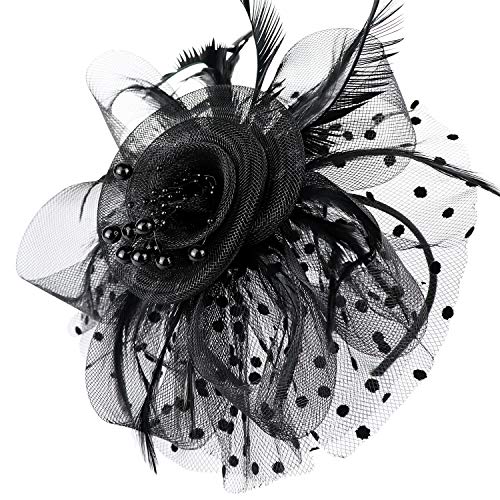 DRESHOW Fascinators Hat Flower Mesh Ribbons Feathers on a Headband and a Clip Tea Party Headwear for Girls and Women - color: 7" Black + Necklace+ Earrings+ Bracelet