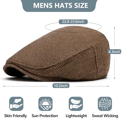 meioro Herringbone Flat Ivy Newsboy Cap for Men Classic Tweed Newsboy Hat Wool Blend Flat Cap Gatsby Cabbie Hats Ivy Caps - color: Coffee