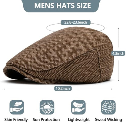 meioro Herringbone Flat Ivy Newsboy Cap for Men Classic Tweed Newsboy Hat Wool Blend Flat Cap Gatsby Cabbie Hats Ivy Caps - color: Coffee