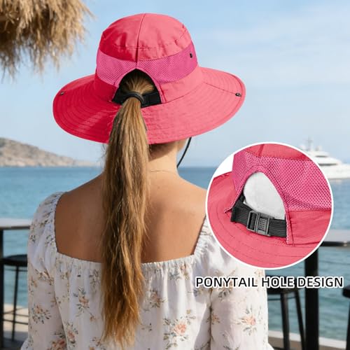 Rosoz Ponytail Sun Bucket Hats for Women UV Protection Foldable Wide Brim - color: 1 Pack-pure Watermelonred