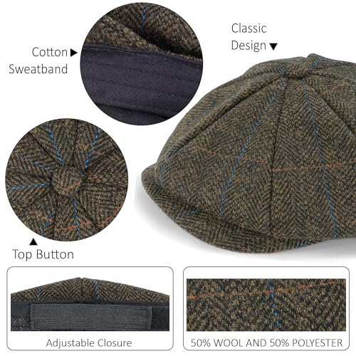Mens Newsboy Cap High Woolen Tweed Gatsby Hat Ivy Cabbie Flat Golf Cap for Fathers Women Unisex - color: Herringbone Plaid Brown, size: 7-7 1/8
