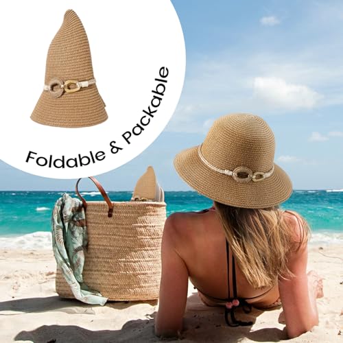 Pleneal Beach Sun Staw Hats for Women, UPF 50+ Foldable Wide Brim Sun Hat - color: Khaki - B
