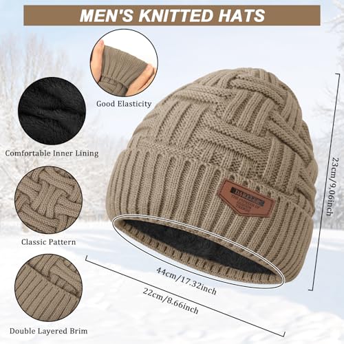 Winter Scarf for Men, 3 PCS Fleece Beanie Hat and Gloves Set - color: L-khaki Hat Scarf Gloves Set