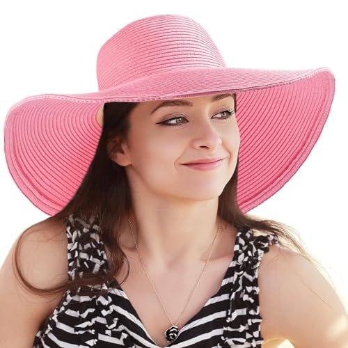 Women's Wide Brim Sun Hat - UV Protection Floppy Straw Sunhat Summer 7 1/4 - color: Pink, Size 58cm, for 22 - 22 7/8" ( 7, 7 1/8, 7 1/4 )