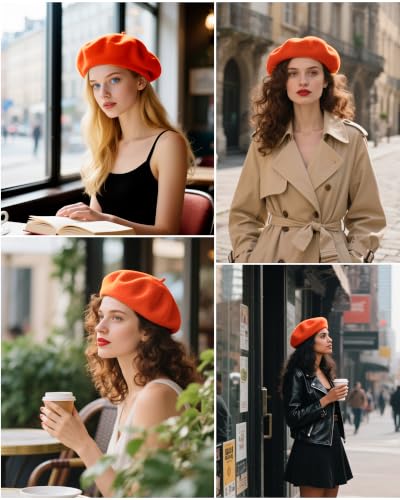 French Beret Hats for Women - Wool Solid Color Beanie Cap - color: Orange