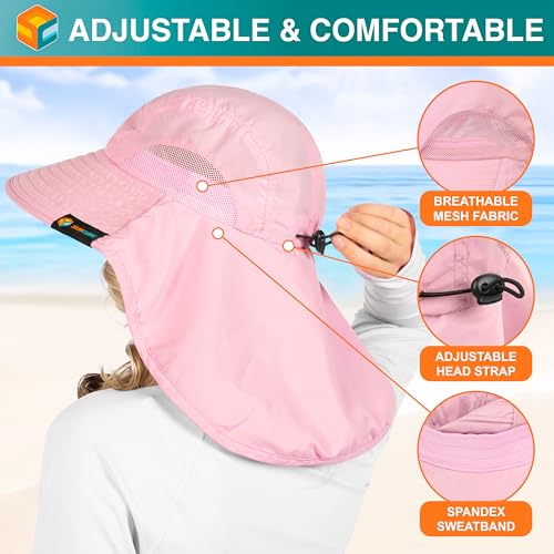 SUN CUBE Wide Brim Sun Hat with Neck Flap for Men Women, UPF50+ Fishing - color: Pink