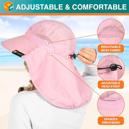 SUN CUBE Wide Brim Sun Hat with Neck Flap for Men Women, UPF50+ Fishing - color: Pink