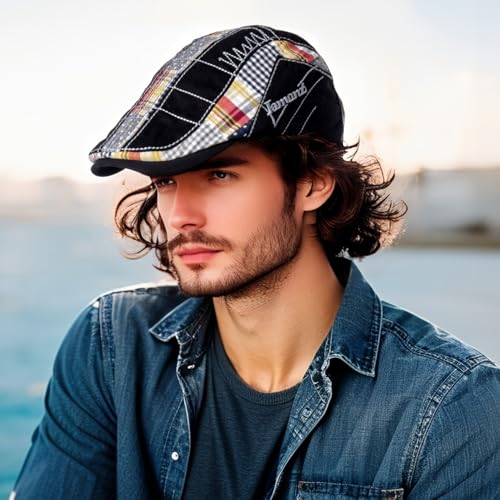 Cabbie Hats for Men Summer,Cotton Beret Newsboy Hat Ivy Gatsby Adjustable Flat Cap Beret for Driving - color: Cotton -Black C