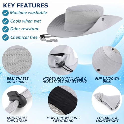 Cooling Sun Bucket Hat, UPF 50+ Wide Brim Boonie Hat with Ponytail Hole - color: 01 Light Grey
