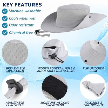 Cooling Sun Bucket Hat, UPF 50+ Wide Brim Boonie Hat with Ponytail Hole - color: 01 Light Grey