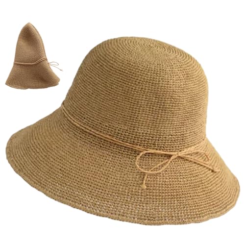 Straw Bucket Hats for Women Beach Sun Hat Foldable Packable Handmade Sun Protection Floppy Travel - color: Khaki-brim3.9"