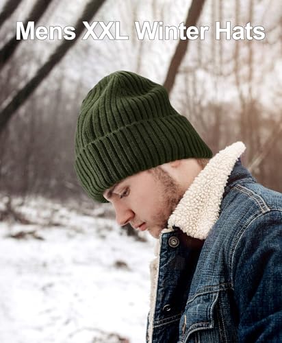 ZTL M/L/XL/XXL Merino Wool Beanie for Men Women, Fleece Lined Large Winter Hat, Big Knitted Cuffed Beanie Ski Skull Cap - color: Army Green, size: X-Large-XX-Large