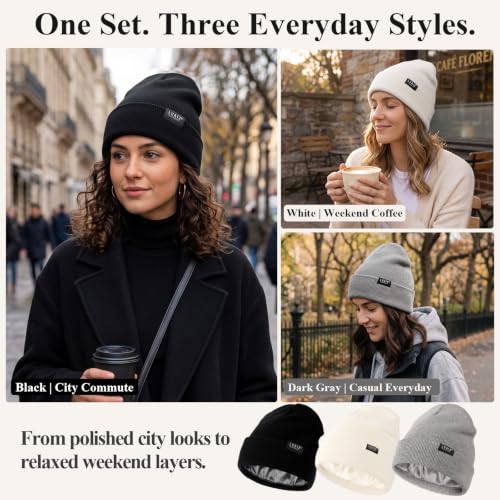 3 Pack Satin Lined Beanies for Men and Women Silk Warm Cuffed Winter Hats - color: Black+white+light Grey