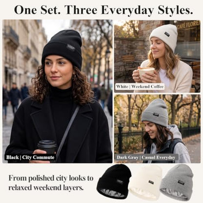 3 Pack Satin Lined Beanies for Men and Women Silk Warm Cuffed Winter Hats - color: Black+white+light Grey
