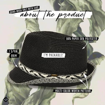 Funky Junque Short Brim Fedora Packable Sun Hat for Women - color: Black