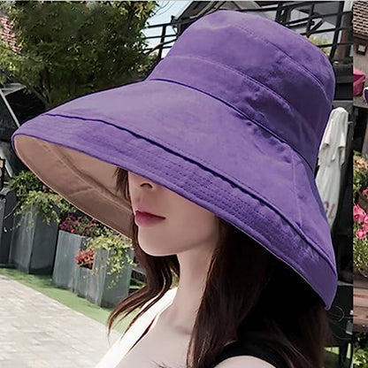 Women Wide Brim Sun Hats Metal Wired Edge Summer UV Protection Beach Fishing Hat for Hiking Garden Travel Chin Strap - color: Lant001-purple, size: One Size