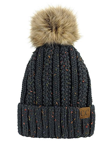 C.C Thick Cable Knit Faux Fuzzy Fur Pom Fleece Lined Skull Cap Cuff Beanie - color: Confetti Dark Melange Gray