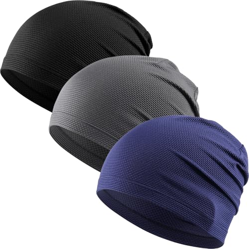 WTACTFUL 3-Pack Breathable Cooling Skull Cap for Men Women Thin Beanie - color: Black+gray+blue