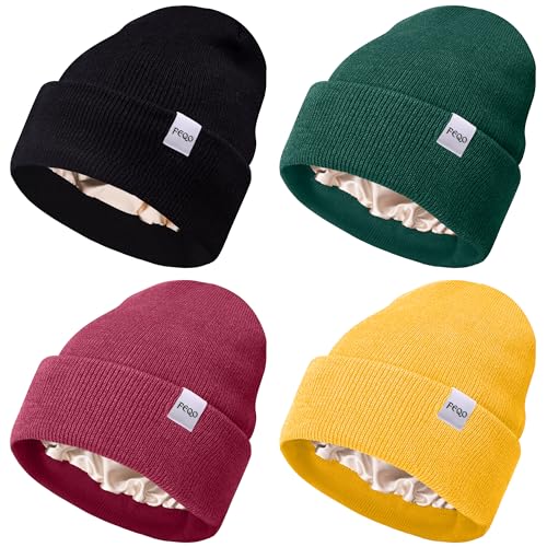 FEQO 4 Pack Satin Lined Winter Beanie Hats Soft Silk Lined Beanies - color: Black, Yellow, Olive Green, Hot Pink