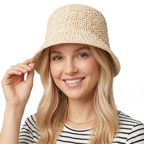 Raffia Bucket Hat, Womens Straw Sun Hat Wide Brim UPF 50+ UV Protection, Handmade Foldable Raffia Bucket Hats for Summer Travel, Packable Floppy Cap for Vacation Beige