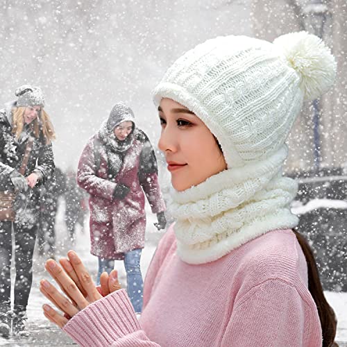 HUAMULAN Women Winter Knit Beanie Hats One Piece Fleece Lined Balaclavas - color: Cream White