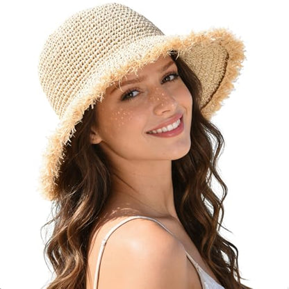 Women's Straw Bucket Sun Hat, Packable Floppy Wide Brim Beach Hat - color: Beige