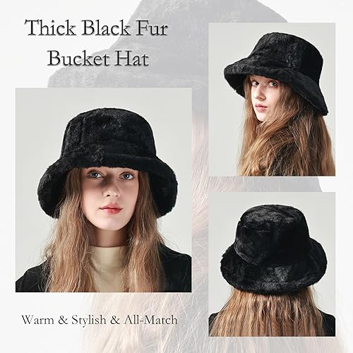 Winter Faux Fur Furry Bucket Hat Fluffy Fuzzy Warm Hat Plush Fisherman Hat for Women Men Teens Girls - color: A Black