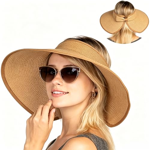 Sun Visor Hats Summer Wide Brim Clip on Beach Adjustable Large Brim Cap Golf Hat for Women - color: Khaki