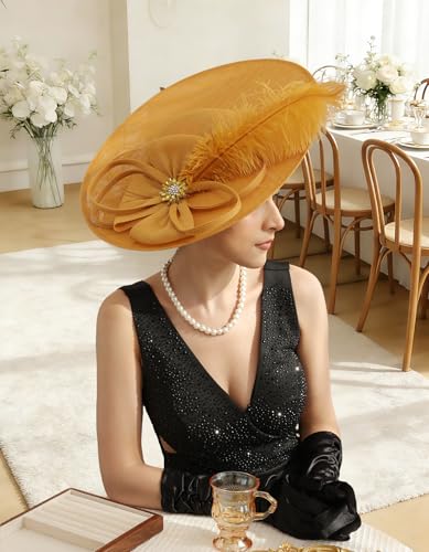 Unpifolov Fascinators Hats Elegant Women Flower Mesh Feathers Wedding Cocktail Bride Headband for Derby Hat Tea Party - color: Ginger