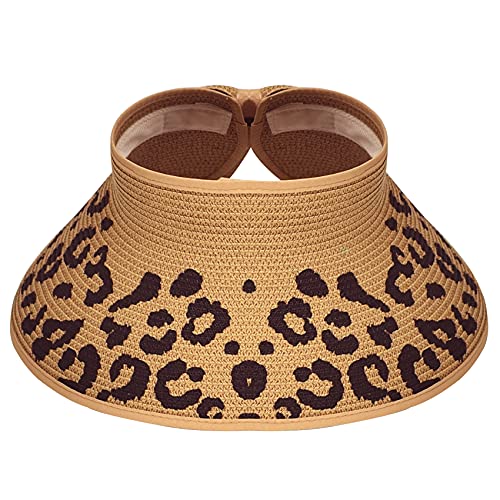 Women Sun Visors Foldable Straw Hats Summer Beach Packable Hat Floppy Wide Brim Cap Deep Style, Adjustable Size - color: Leopard