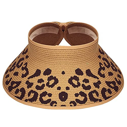 Women Sun Visors Foldable Straw Hats Summer Beach Packable Hat Floppy Wide Brim Cap Deep Style, Adjustable Size - color: Leopard