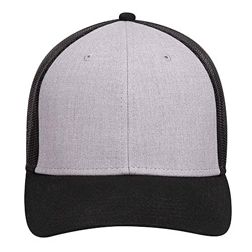 Ashen Fane 6 Panel Blend Twill Structured Low Profile Mesh Back Snapback Trucker Hat - color: Black/Heather Gray/Black
