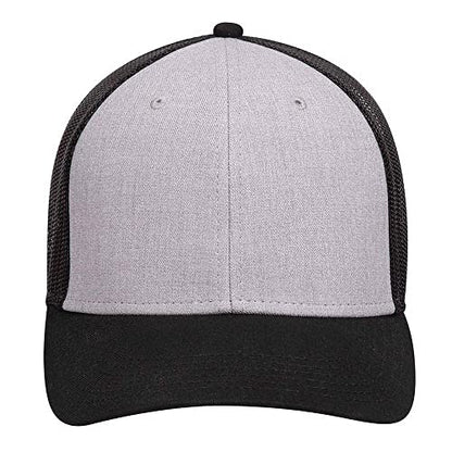 Ashen Fane 6 Panel Blend Twill Structured Low Profile Mesh Back Snapback Trucker Hat - color: Black/Heather Gray/Black
