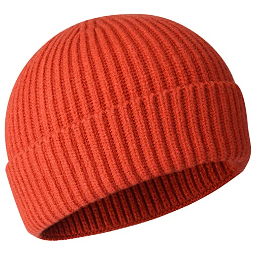 50% Wool Knit Short Fisherman Beanie for Men Women Warm Winter Hat - color: #Orange