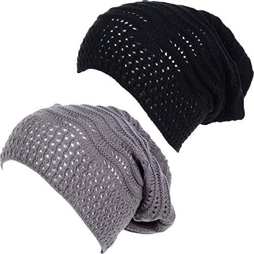 BYOS Women's Airy Cool Lightweight Cutout Long Slouchy Crochet Knit Beanie Hat - color: 2 Pack-wavy Line Charcoal Gray & Bk