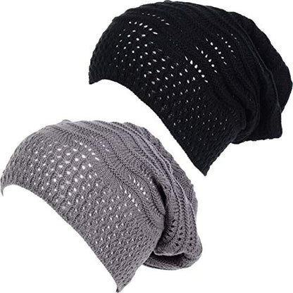 BYOS Women's Airy Cool Lightweight Cutout Long Slouchy Crochet Knit Beanie Hat - color: 2 Pack-wavy Line Charcoal Gray & Bk