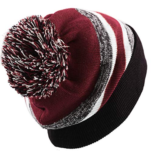 Winter Knit Beanie Hat with Pom Pom – Warm Cuffed Slouch Ski Cap for Men & Women - color: 1.black and Burgundy With Pom