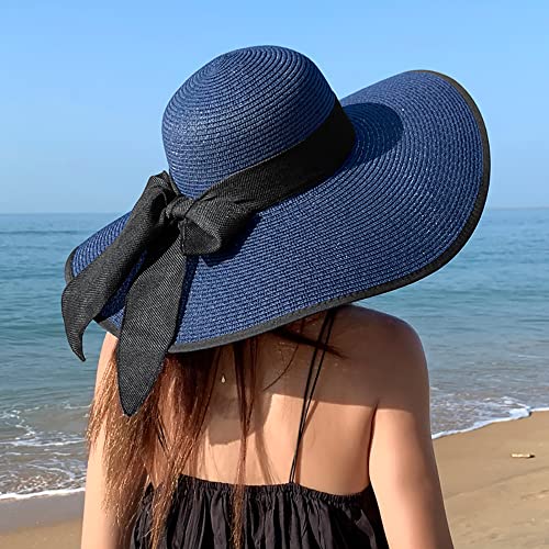 AQOKKA Beach Hats for Women Men Big Straw Wide Brim Summer Hat Floppy Foldable Roll up Cap for Beach Outdoor UPF 50+ - color: 1 Pack: Bow Knot Navy a