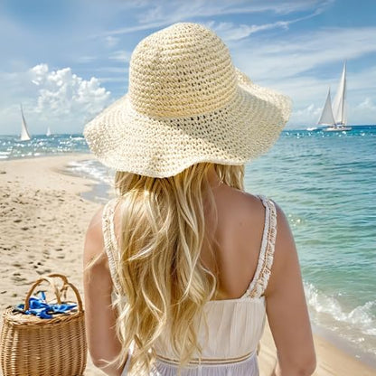 Floppy Big Beach Straw Hats for Women Foldable Summer Wide Brim Packable Sun Hat Womens Travel Straw Fedora Hat - color: Beige-4