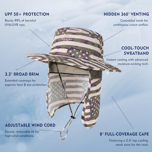 Comhats Sun Hat with Neck Flap for Men, UPF 50+ Wide Brim Cooling Oversized - color: Army Green American Flag, size: Large-X-Large