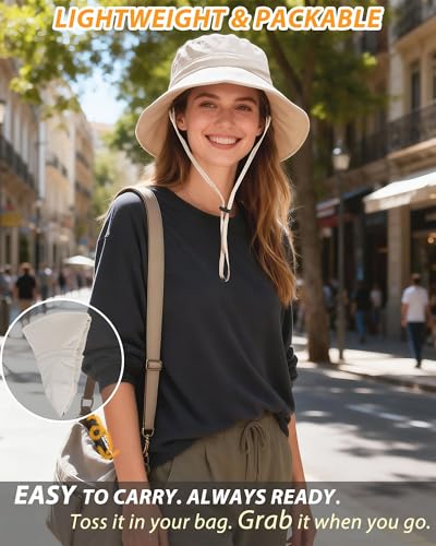 Waterproof Bucket Hat Hiking Hat for Women, Wide Brim Rain Hat UV Protection Sun Hat Packable Boonie Hat for Fishing Beach - color: Beige