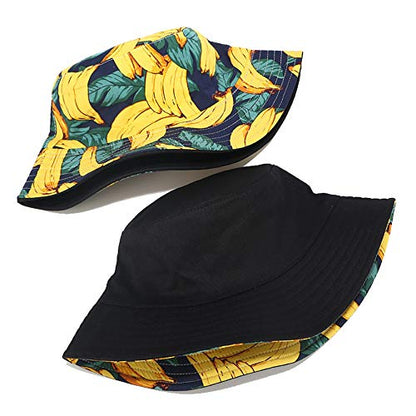Unisex Print Double-Side-Wear Reversible Bucket Hat - color: Banana