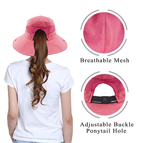 Muryobao Women's Ponytail Sun Hat UV Protection Foldable Mesh Wide Brim Beach Fishing Hat - color: Pure Watermelon Red