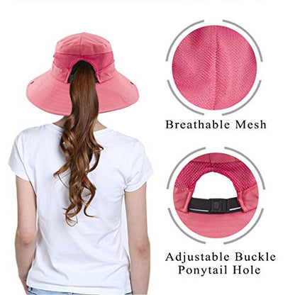 Muryobao Women's Ponytail Sun Hat UV Protection Foldable Mesh Wide Brim Beach Fishing Hat - color: Pure Watermelon Red