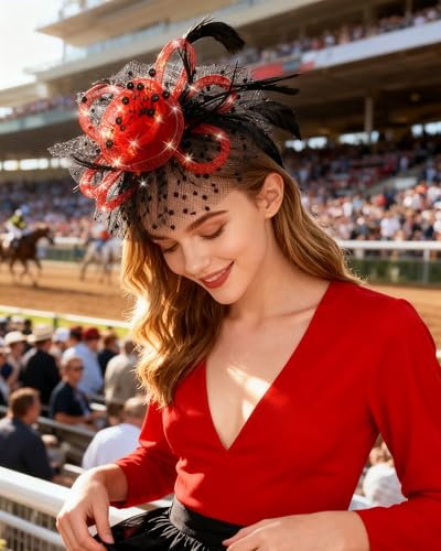 Women Fascinator Hats LED Light Up Headband for Tea Party Halloween Night Headwear Christmas Mardi Gras - color: Black Red